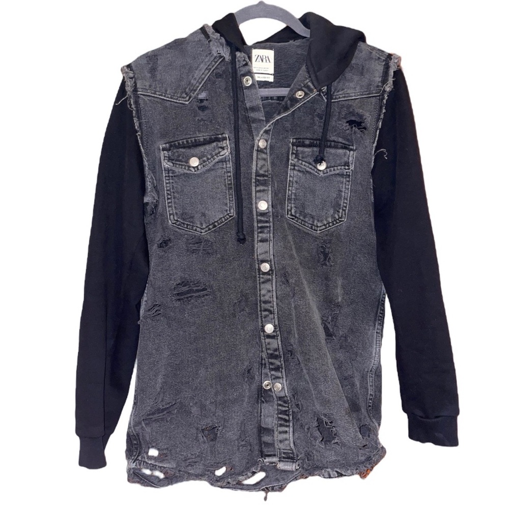 Zara Distressed Denim Jacket in Grey/Black